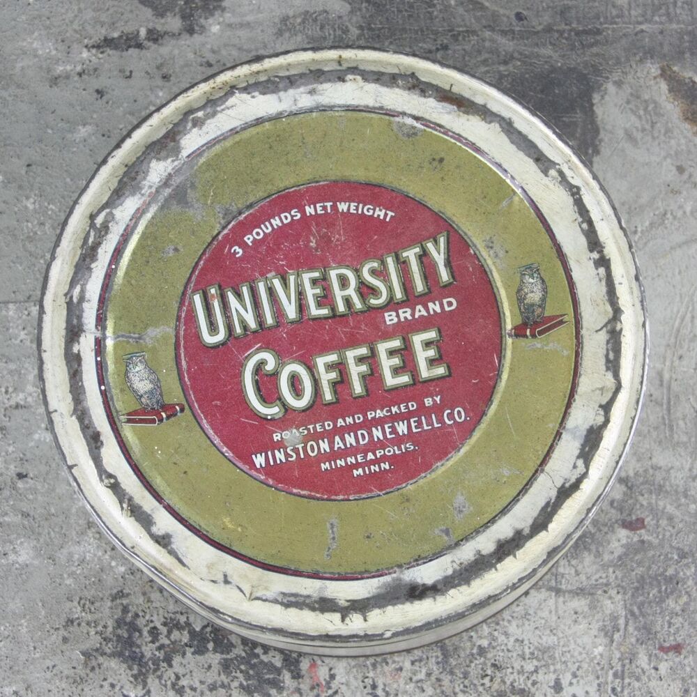 University Brand Coffee Tin, gold, white, red with owl motifs, 3 pound size